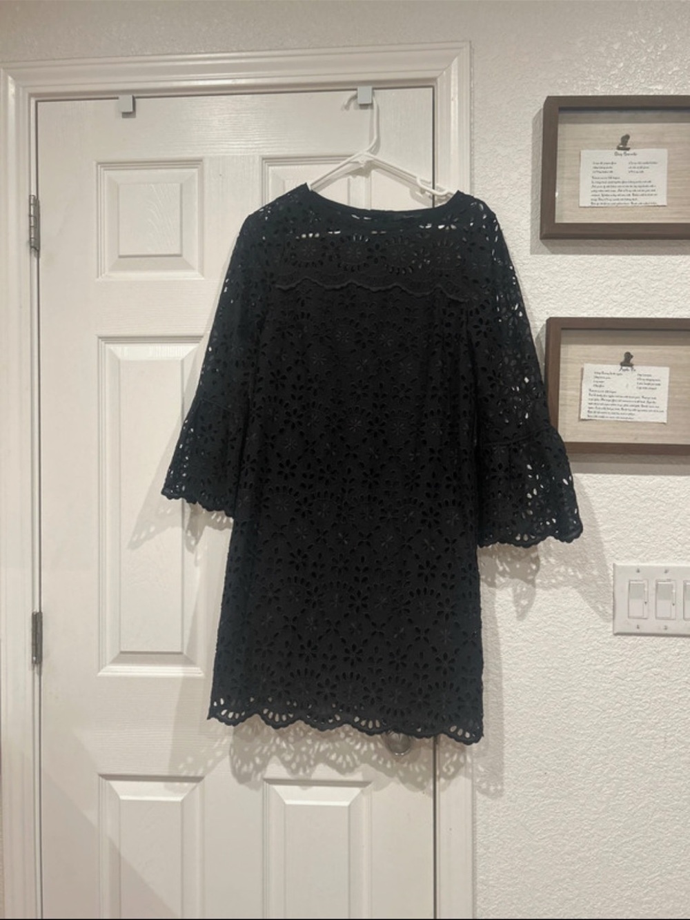 NWOT J. Crew Black Lace Eyelet Shift Dress with Bell Sleeves